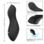 Black silicone personal Perfect Curve Vibe Massager – curved silicone body with power button detail. with measurements and features on a white background