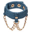 One Ride ’Em Premium Denim Wrist Cuffs – indigo denim cuffs with shiny chain hardware.