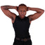 Black nonbinary person wearing a black long tank binder with arm overhead.