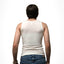 White person in a white tank binder back view