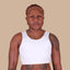 A black person wearing White Short Tank Binder front view.