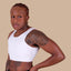 A black person wearing White Short Tank Binder side view.