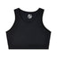 Black short-length tank top chest binder with thin straps and a mesh back, showing the front view.