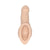 An image of a stand-to-pee device made of flesh-colored silicone, showing the device from multiple angles with dimensions marked.