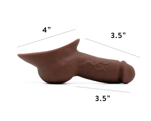 A brown Stand to Pee (STP) device designed for use with a urinal, made from soft silicone material. The device has dimensions of 3.5