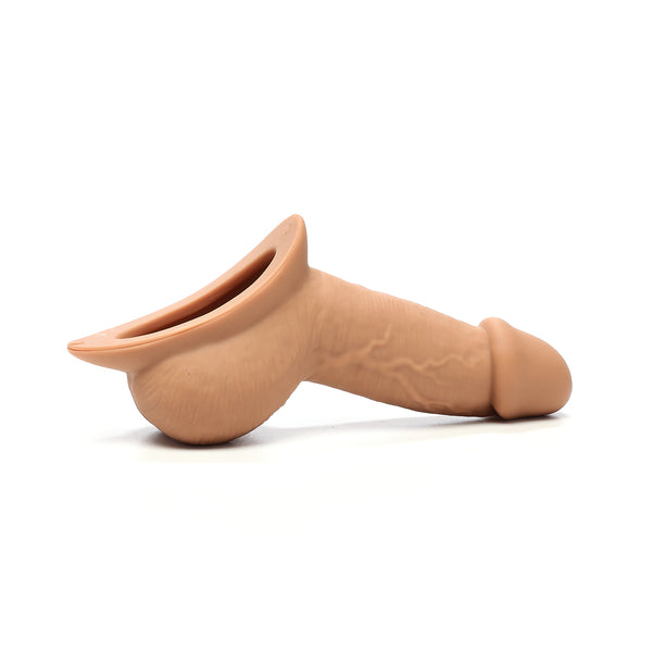 An image of the STP Freely XL 3-in-1 stand-to-pee device, showing its shape and dimensions. Dark Brown color 3 side view for 360 video