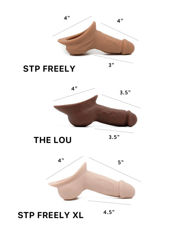 side view comparison photo stp freely color 3, the lou stp color 5 dark brown, and stp freely xl in the lightest color 1 all with measurments