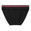 Black Cake Bandit Sport Briefs inside pouch view. black waistband with 3 thin stripes red, white and red near the top of waistband no cake bandit logo.