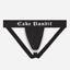 Black jockstrap with 'Cake Bandit' text on a white background