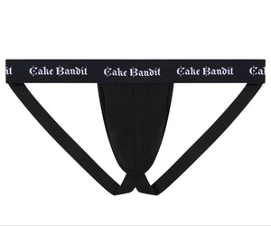 Front of the small logo Cake Bandit Black Jock with with lettering on the black waistband.