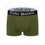 Olive Green Cake Bandit 3" Packing Boxer Briefs with a black and white 'Cake Bandit' waistband on a white background