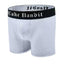 3d Front  side view of 6" Cake Bandit new logo heather grey boxer briefs - with black waistband with old english lettering that says Cake bandit in white, on white background.