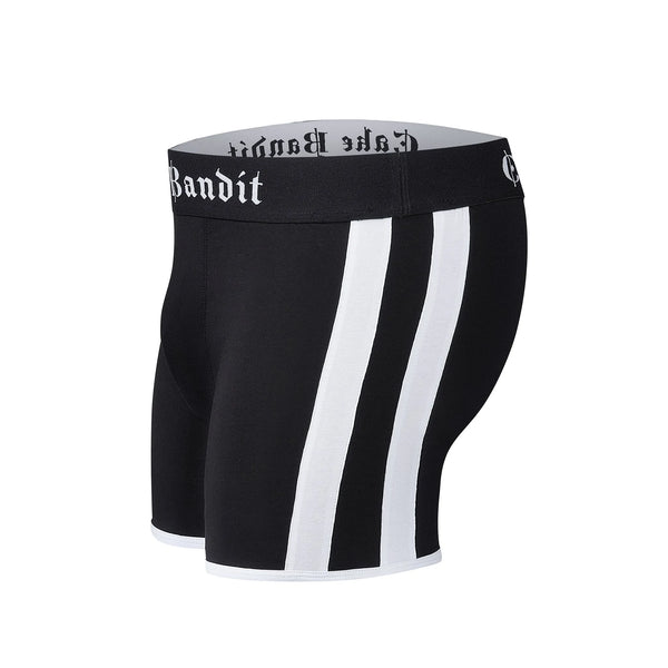 Black side view of the cake bandit 6" boxer briefs with two white stripes on each side
