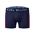 Navy blue boxer briefs with red and white stripes on each side. 'Cake Bandit' waistband on a white background
