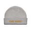 Grey beanie with gold cake bandit embroidered on it