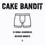 Outline of boxer briefs with 'Cake Bandit' text and product details on a white background