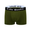 Olive Green boxer briefs with a black and white 'Cake Bandit' in old english font on the waistband on a white background