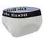 Gray Cake Bandit Packing Briefs Trans masc FTM affirming underwear with a black band featuring 'Cake Bandit' text on a white background