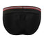 Black Cake Bandit Sport Briefs 3d back view. black waistband with 3 thin stripes red, white and red near the top of waistband no cake bandit logo.