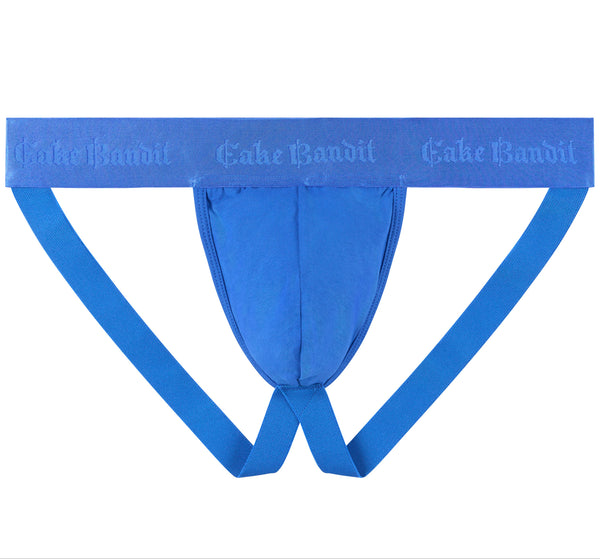 Cake Bandit Monochrome electric blue packing jockstrap front view