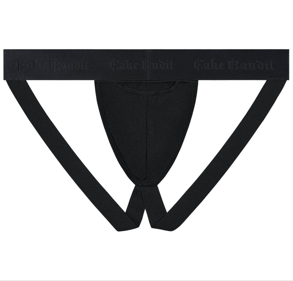 Cake Bandit small logo monochrome packing jockstrap black back view