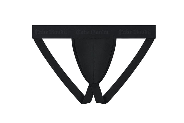 Cake Bandit monochrome black packing  jockstrap front view
