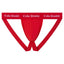 The front of a red packing swim jockstrap with a wide waistband featuring the brand name 'Cake Bandit' printed in white gothic lettering, shown against a plain white background.