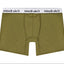 Inside pouch view of the Cake Bandit 6" packing boxer briefs, olive color with black waistband with white logo lettering