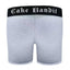 3d Back view of 6" Cake Bandit new logo heather grey boxer briefs - black waistband with white old english lettering that says Cake bandit, on white background.
