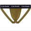 Front of the olive green jockstrap with a black waistband featuring the brand name 'Cake Bandit' in white gothic lettering, shown against a plain white background.