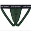 Front View of a dark green STP jockstrap with a black waistband featuring the white 'Cake Bandit' logo repeated across it. It has two functional buttons for STP use.
