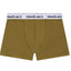 A pair of men's boxer briefs in a muted olive-green color, featuring a white waistband with black Gothic-style lettering that reads 'Cake Brand'.