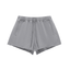 Grey Glow Up snow washed cotton shorts front view with side pockets, raw hem and drawstring. Trans Masc clothing by TGS