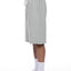 Long grey Hunky heavyweight shorts with raw hems side view on a person who is 5'6"