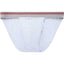 Grey Cake Bandit Sport Briefs inside pouch view. black waistband with 3 thin stripes red, white and red near the top of waistband no cake bandit logo.