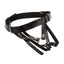 Black vegan leather harness with metal o-ring on a white background