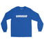 blue long sleeve shirt with "Loverboy" in white text