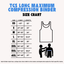 A Size chart graphic for the TGS Long Maximum Compression Binder, showing a size table from XS to 4XL with chest and length measurements, alongside a simple outline of the tank-style binder and small illustrative figures.