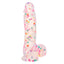 A multi-colored, realistic 6" silicone dildo with a gentle curve and a suction cup base.
