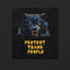 Close up of “Protect Trans People” t-shirt with bold wolf and starry sky graphic. 