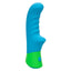 Blue and green silicone rave ridged vibrator for trans men on a white background