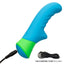 Blue and green rave ridged massager with USB charging cord on a white background