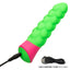 Green and pink rave ripple pleasure toy with USB charging cord on a white background