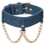 Ride ’Em Collar & Leash – gender-affirming kink gear close up collar looks like a jeans waistband with belt loops and rose gold chains.
