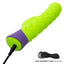 Green and purple cylindrical device with USB charging cord on a white background