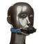 Ride ’Em Premium Denim Ball Gag – indigo strap with silicone ball for queer kink shown on silver mannequin.
