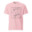 A pink t-shirt featuring a black illustration of two individuals holding hands and frolicking, with the text 'T4T' prominently displayed.
