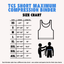 A Size chart graphic for the TGS Short Maximum Compression Binder, showing a size table from XS to 4XL with chest and length measurements, alongside a simple line drawing of the binder and a body-measurement illustration showing how to measure for a binder.
