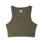  An olive green short length tank top chest binder with thin straps and a mesh back, showing the front view.