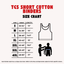 Size chart graphic for TGS short cotton binders, showing a chest-to-size table from S to 4XL with lengths in inches, plus simple line drawings of a tank top and a person measuring the fullest part of another persons chest to show how to measure for a binder.